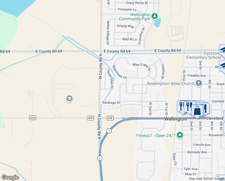 map of restaurants, bars, coffee shops, grocery stores, and more near 3108 Three Silos Drive in Wellington