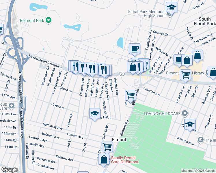 map of restaurants, bars, coffee shops, grocery stores, and more near 32 Claridge Avenue in Elmont