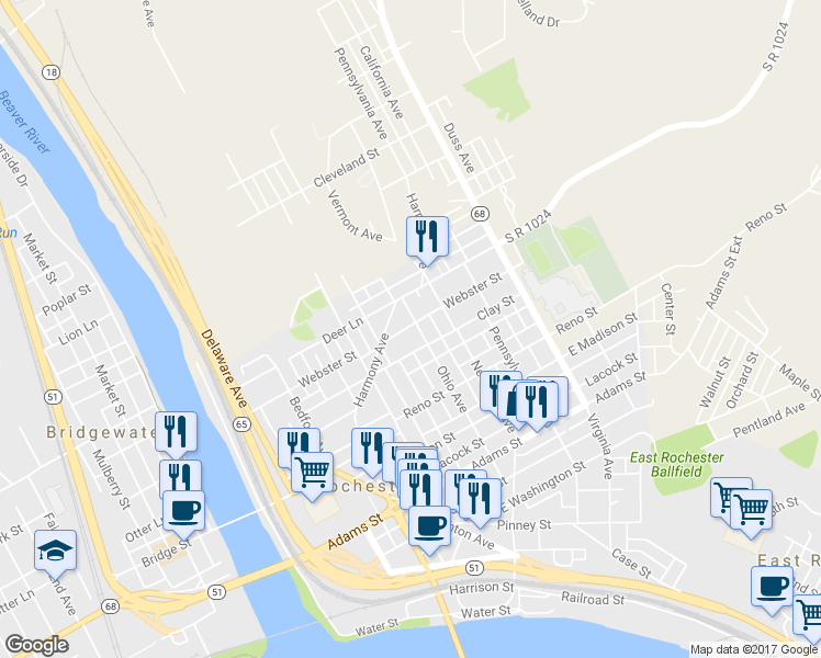 map of restaurants, bars, coffee shops, grocery stores, and more near 462 Ohio Ave in Rochester