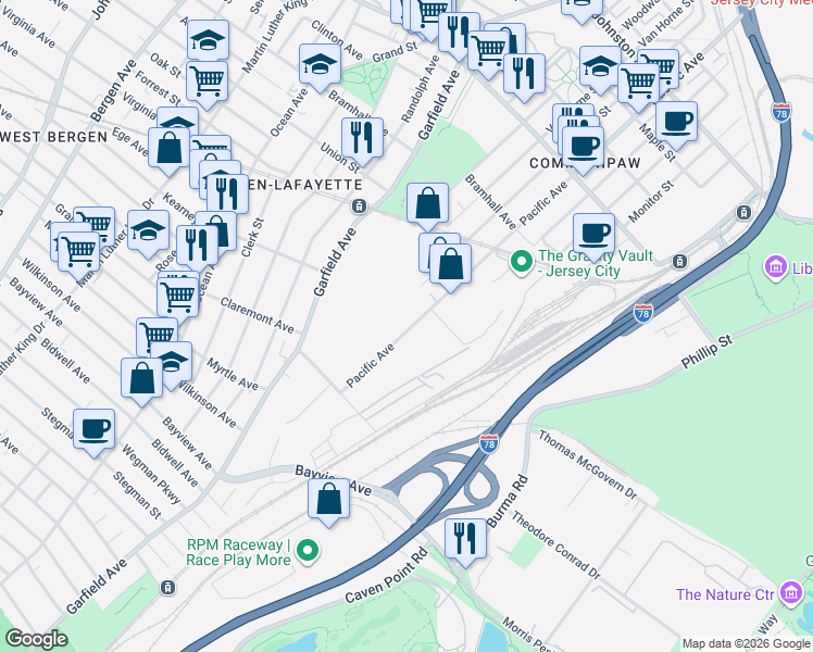 map of restaurants, bars, coffee shops, grocery stores, and more near 109 Pacific Ave in Jersey City