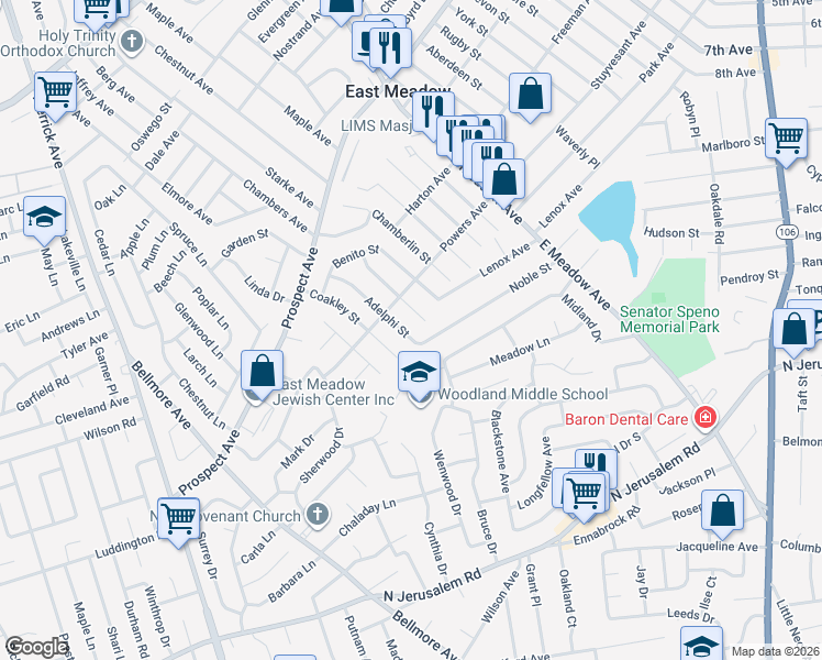 map of restaurants, bars, coffee shops, grocery stores, and more near 589 Adelphi Street in East Meadow