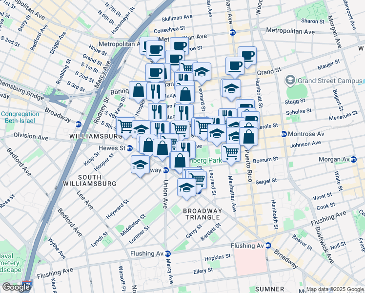 map of restaurants, bars, coffee shops, grocery stores, and more near 37 Montrose Avenue in Brooklyn