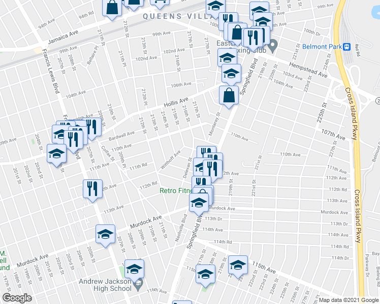 map of restaurants, bars, coffee shops, grocery stores, and more near 215-16 111th Avenue in Queens