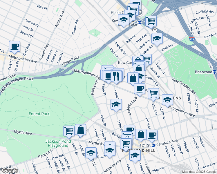 map of restaurants, bars, coffee shops, grocery stores, and more near 116-13 Metropolitan Avenue in Queens