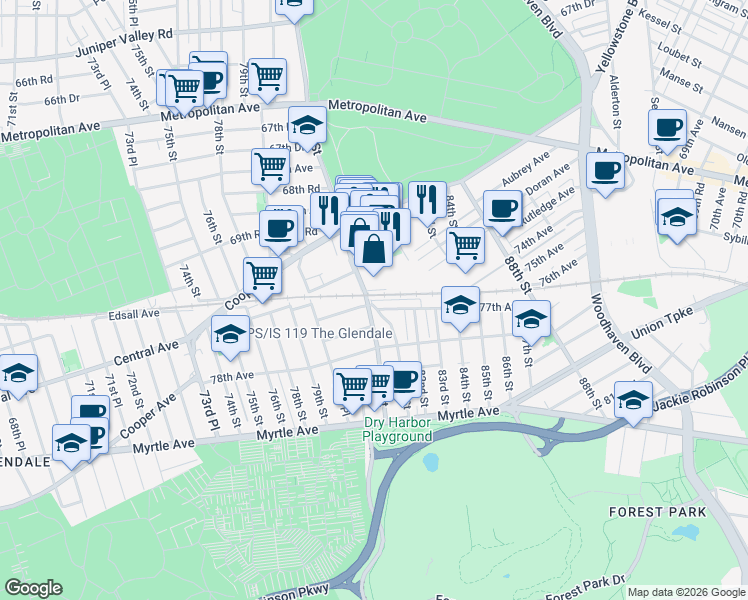 map of restaurants, bars, coffee shops, grocery stores, and more near 81-01 77th Avenue in Queens