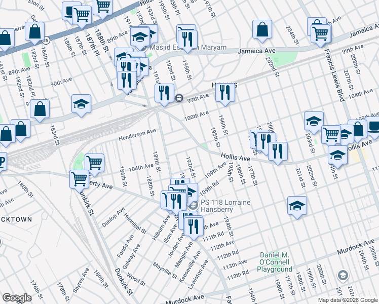 map of restaurants, bars, coffee shops, grocery stores, and more near 192-6 104th Avenue in Queens