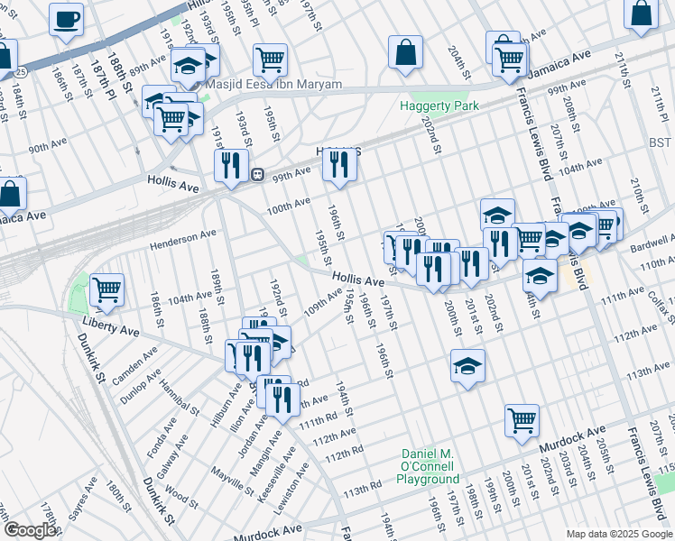 map of restaurants, bars, coffee shops, grocery stores, and more near 104-25 195th Street in Queens