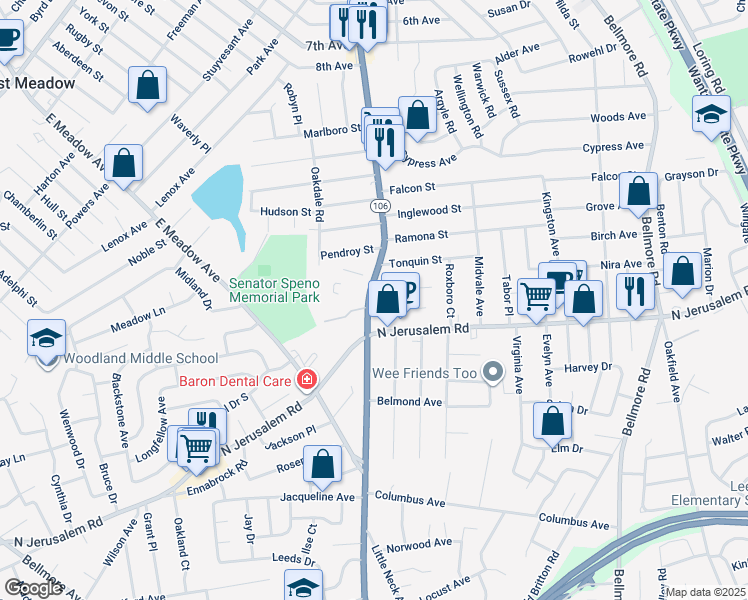 map of restaurants, bars, coffee shops, grocery stores, and more near 651 Newbridge Rd in East Meadow