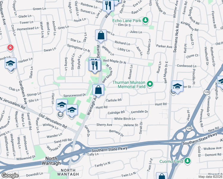 map of restaurants, bars, coffee shops, grocery stores, and more near 333 Red Maple Drive South in Wantagh