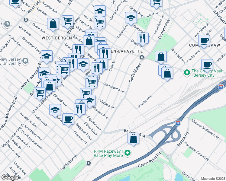 map of restaurants, bars, coffee shops, grocery stores, and more near 29 Claremont Avenue in Jersey City