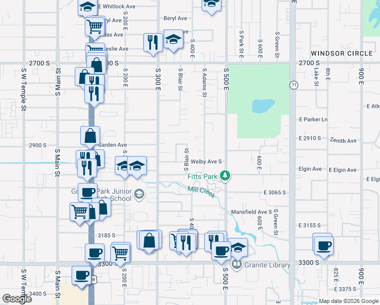 map of restaurants, bars, coffee shops, grocery stores, and more near 2955 South Blair Street in South Salt Lake