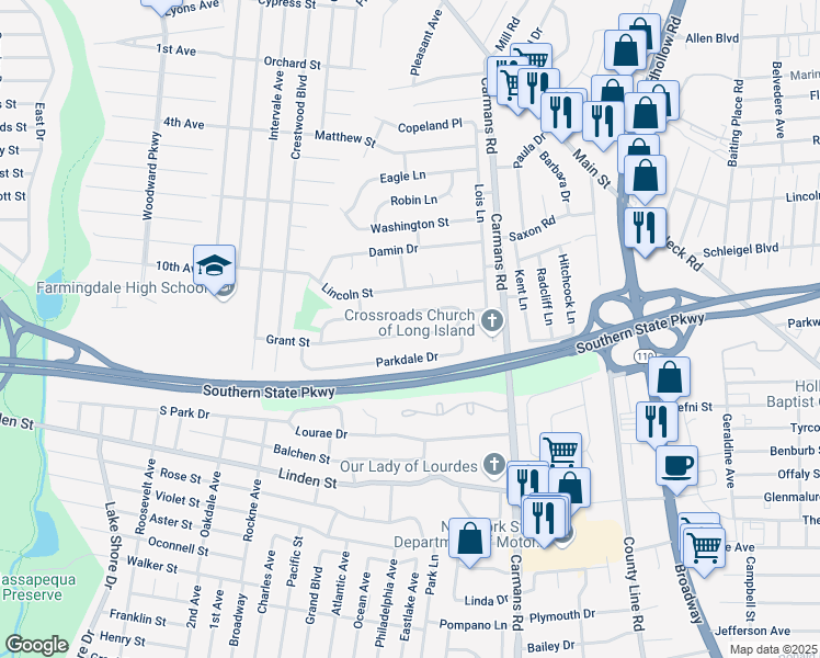 map of restaurants, bars, coffee shops, grocery stores, and more near 25 Grant Street in Farmingdale