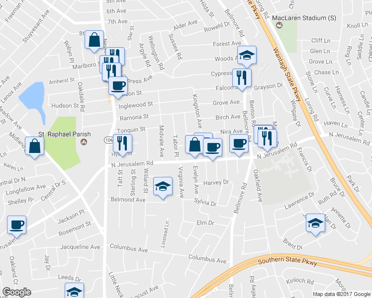 map of restaurants, bars, coffee shops, grocery stores, and more near 2626 Dianne Ct in East Meadow