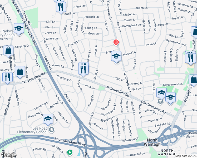 map of restaurants, bars, coffee shops, grocery stores, and more near 114 Haven Lane in Levittown