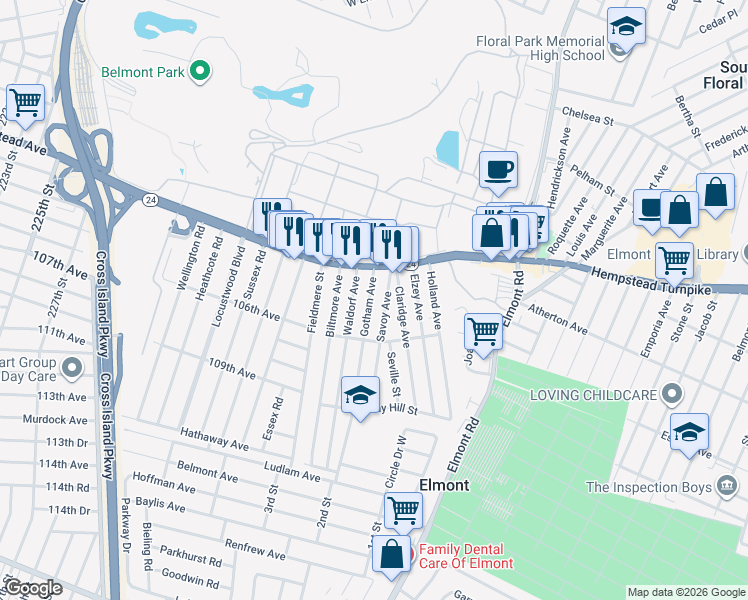 map of restaurants, bars, coffee shops, grocery stores, and more near 40 Gotham Avenue in Elmont