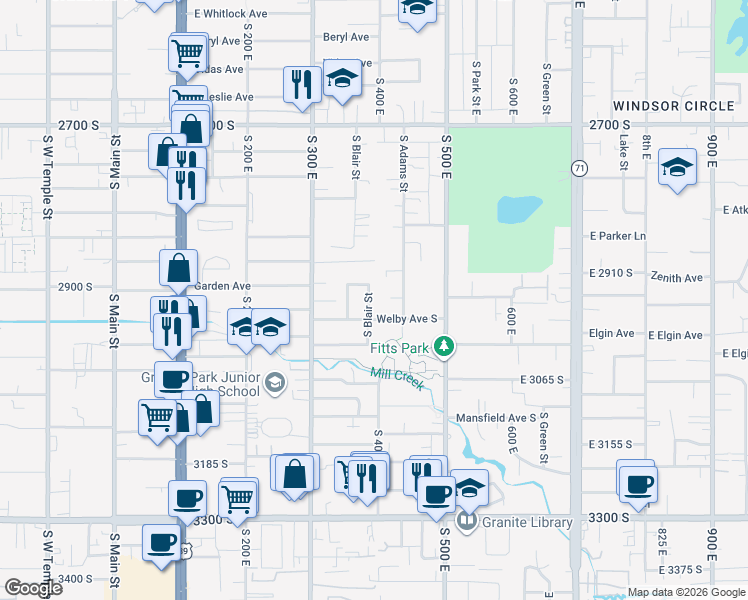 map of restaurants, bars, coffee shops, grocery stores, and more near 2955 South Blair Street in South Salt Lake