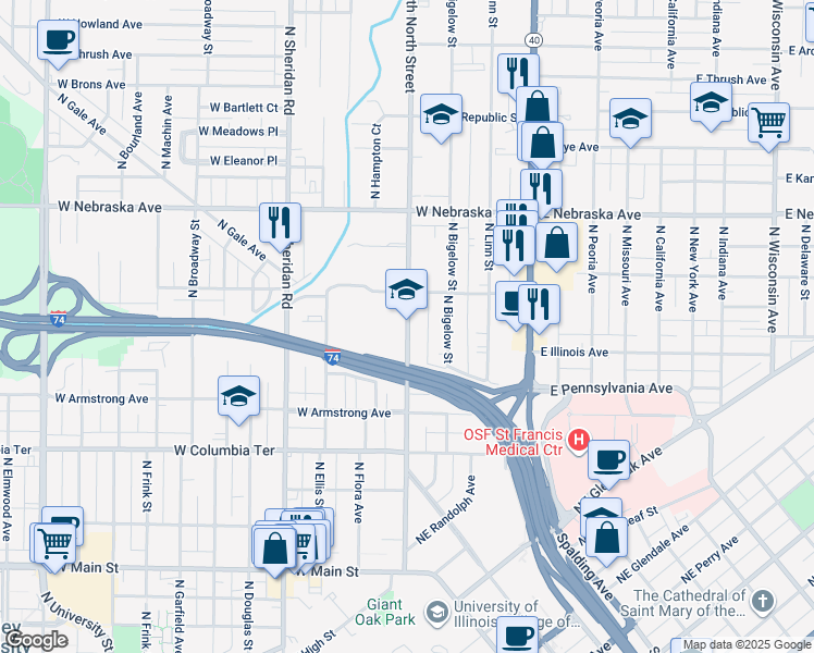 map of restaurants, bars, coffee shops, grocery stores, and more near 1615 North North Street in Peoria