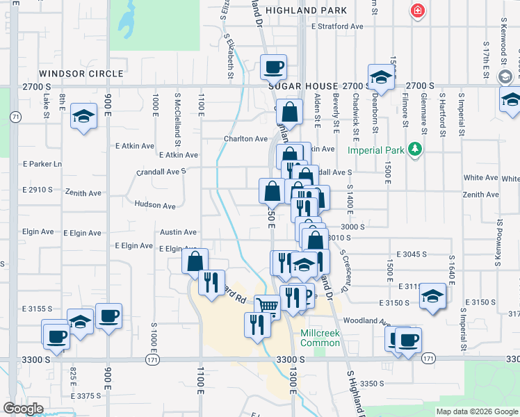 map of restaurants, bars, coffee shops, grocery stores, and more near 1204 Hudson Avenue South in Salt Lake City