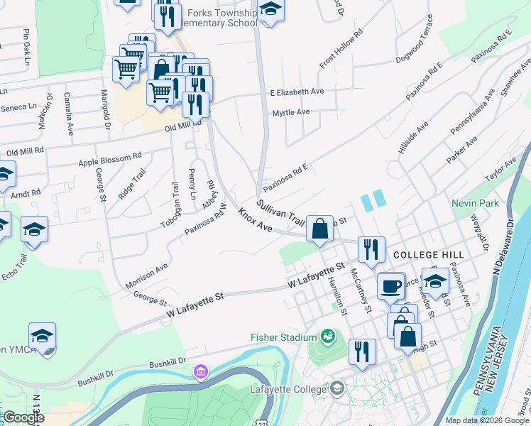 map of restaurants, bars, coffee shops, grocery stores, and more near 1122 Sullivan Trail in Easton