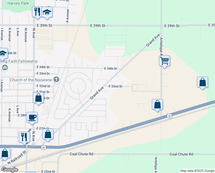 map of restaurants, bars, coffee shops, grocery stores, and more near 2107 East 32nd Street in Kearney