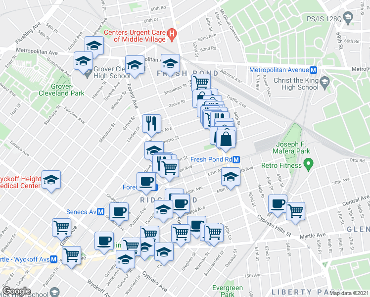 map of restaurants, bars, coffee shops, grocery stores, and more near 6004 Woodbine Street in Queens