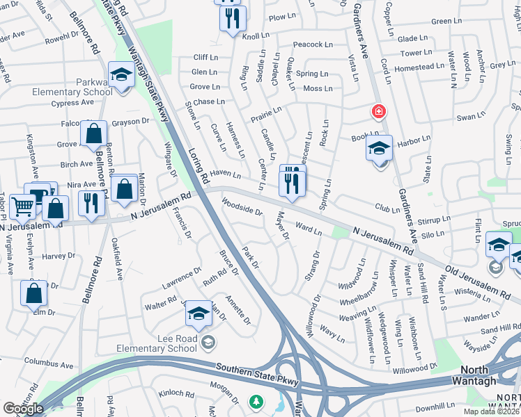 map of restaurants, bars, coffee shops, grocery stores, and more near 761 Woodside Drive in Wantagh