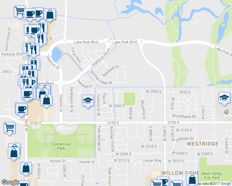 map of restaurants, bars, coffee shops, grocery stores, and more near 2928 Whisper Street in West Valley City