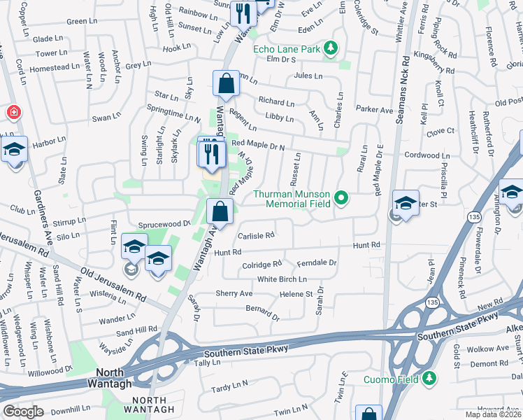 map of restaurants, bars, coffee shops, grocery stores, and more near 333 Red Maple Drive South in Wantagh