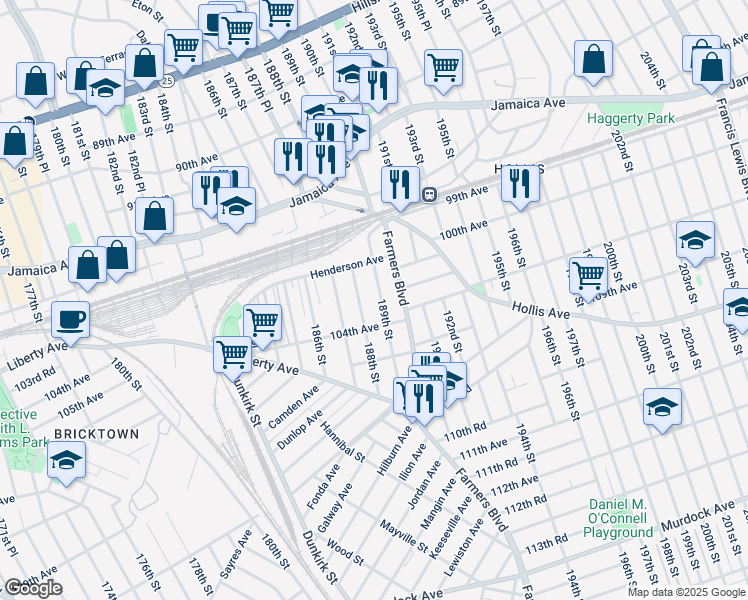 map of restaurants, bars, coffee shops, grocery stores, and more near 102-44 189th Street in Queens