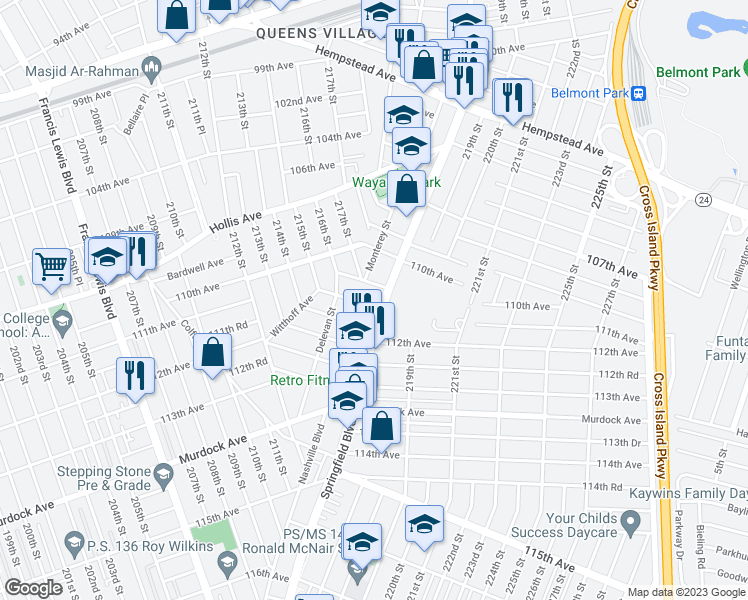 map of restaurants, bars, coffee shops, grocery stores, and more near 110-54 Springfield Boulevard in Queens
