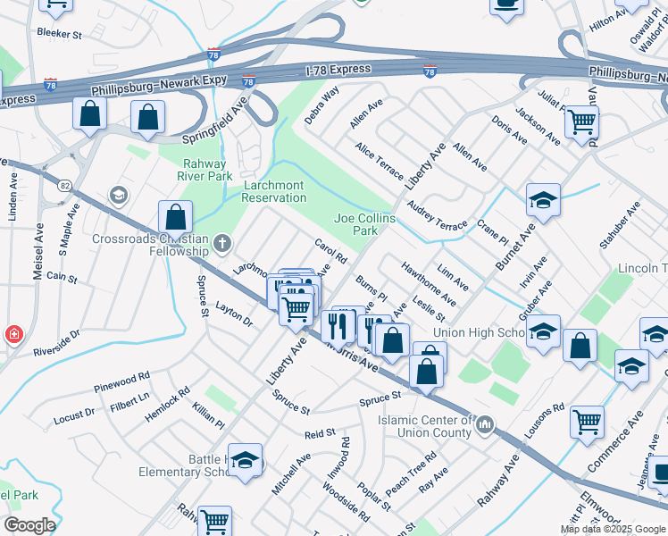 map of restaurants, bars, coffee shops, grocery stores, and more near 2712 Carol Road in Union