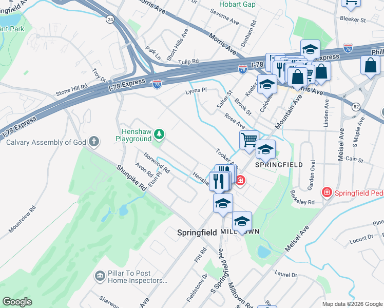 map of restaurants, bars, coffee shops, grocery stores, and more near 98 Hawthorne Avenue in Springfield