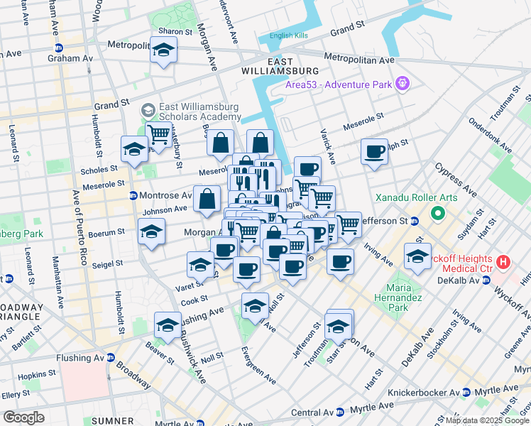 map of restaurants, bars, coffee shops, grocery stores, and more near 92 Morgan Avenue in Brooklyn