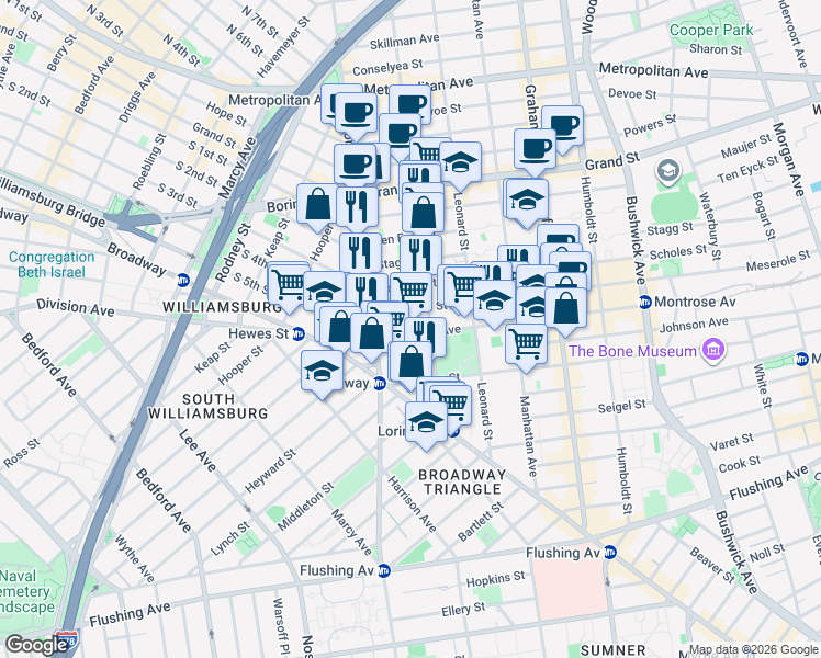 map of restaurants, bars, coffee shops, grocery stores, and more near 31 Montrose Avenue in Brooklyn