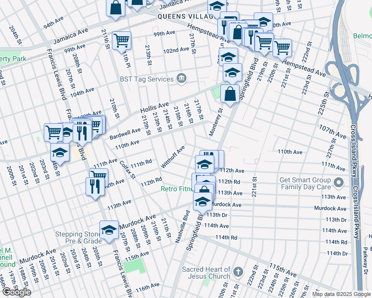map of restaurants, bars, coffee shops, grocery stores, and more near 215-16 111th Avenue in Queens