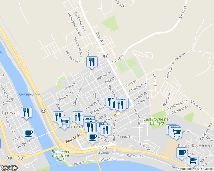 map of restaurants, bars, coffee shops, grocery stores, and more near 438 Pennsylvania Avenue in Rochester