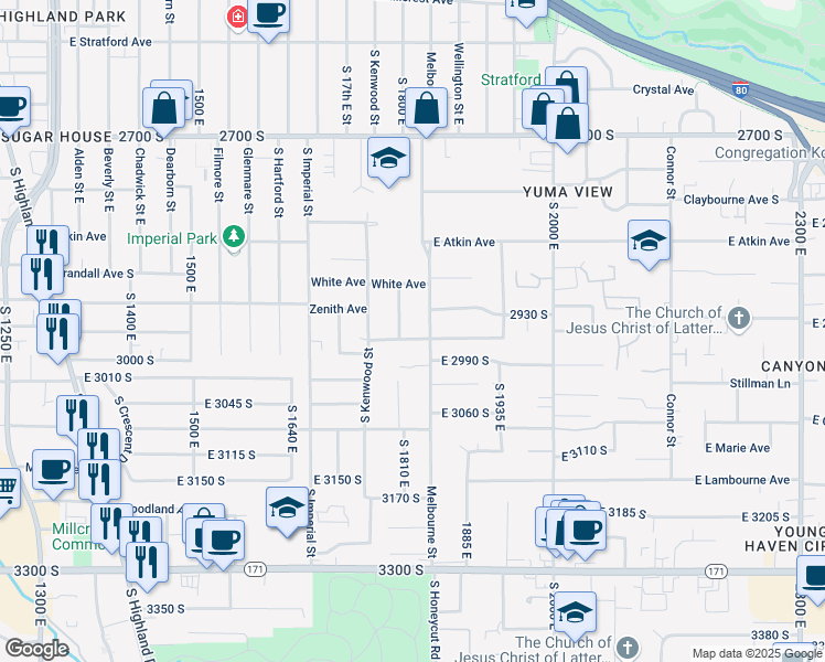 map of restaurants, bars, coffee shops, grocery stores, and more near 1821 Bosham Lane South in Salt Lake City