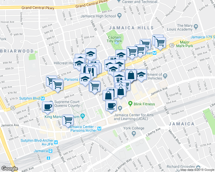 map of restaurants, bars, coffee shops, grocery stores, and more near 88-47 161st Street in Queens