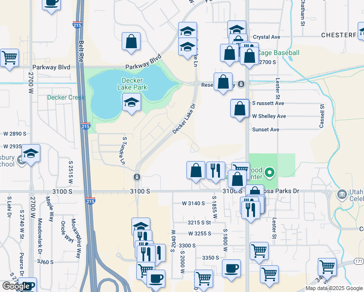 map of restaurants, bars, coffee shops, grocery stores, and more near 2929 Decker Lake Drive in West Valley City