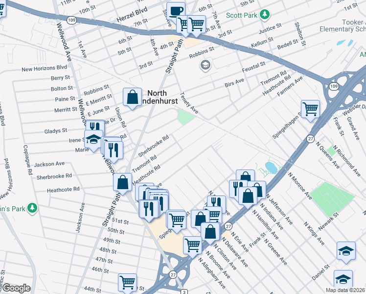 map of restaurants, bars, coffee shops, grocery stores, and more near 343 Heathcote Road in Lindenhurst
