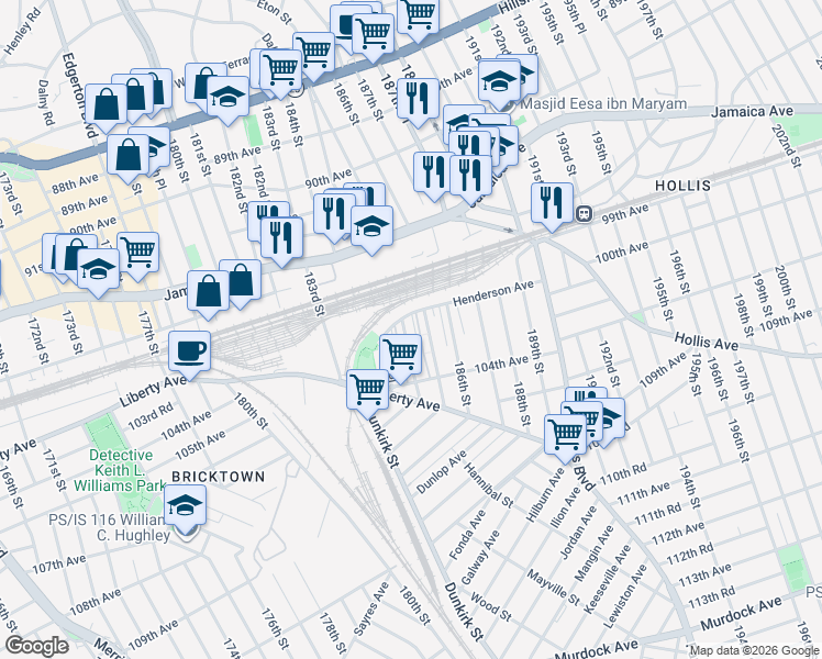 map of restaurants, bars, coffee shops, grocery stores, and more near 102-11 184th Street in Queens