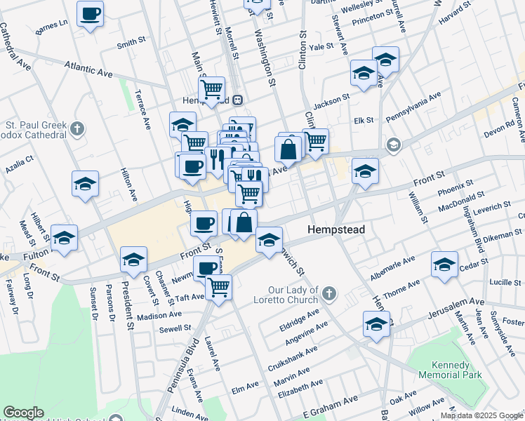 map of restaurants, bars, coffee shops, grocery stores, and more near 16 Main Street in Hempstead