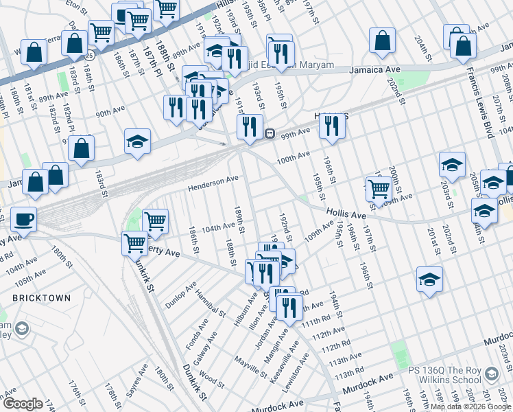 map of restaurants, bars, coffee shops, grocery stores, and more near 103-11 Farmers Boulevard in Queens