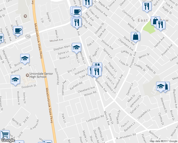 map of restaurants, bars, coffee shops, grocery stores, and more near 1555 Tyler Avenue in East Meadow