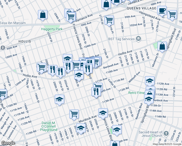 map of restaurants, bars, coffee shops, grocery stores, and more near 109-67 Francis Lewis Boulevard in Queens