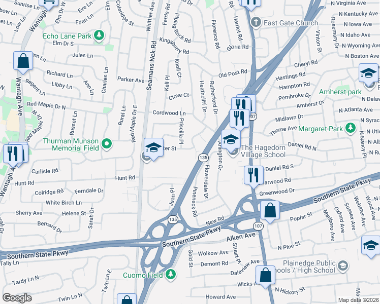 map of restaurants, bars, coffee shops, grocery stores, and more near 3960 Peter Street in Seaford