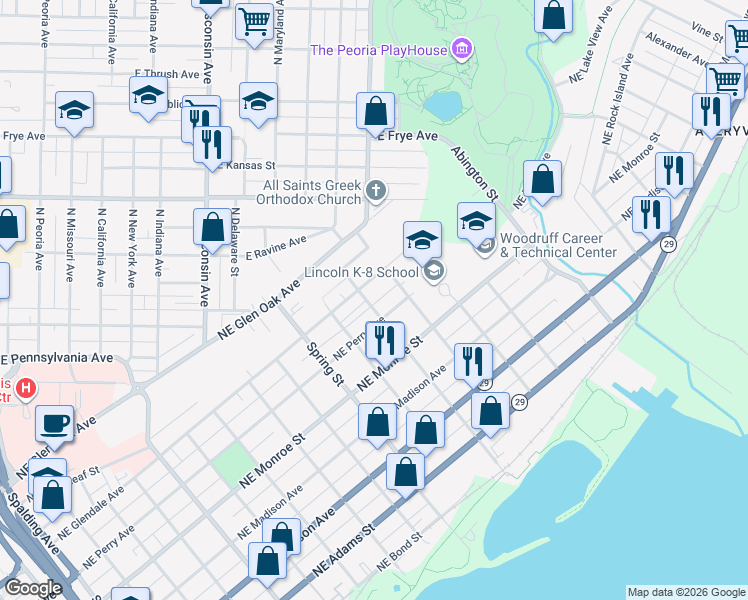 map of restaurants, bars, coffee shops, grocery stores, and more near 700 Caroline Street in Peoria