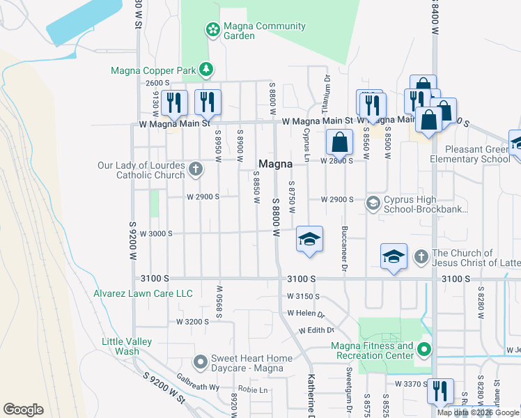 map of restaurants, bars, coffee shops, grocery stores, and more near 2935 South 8850 West in Magna