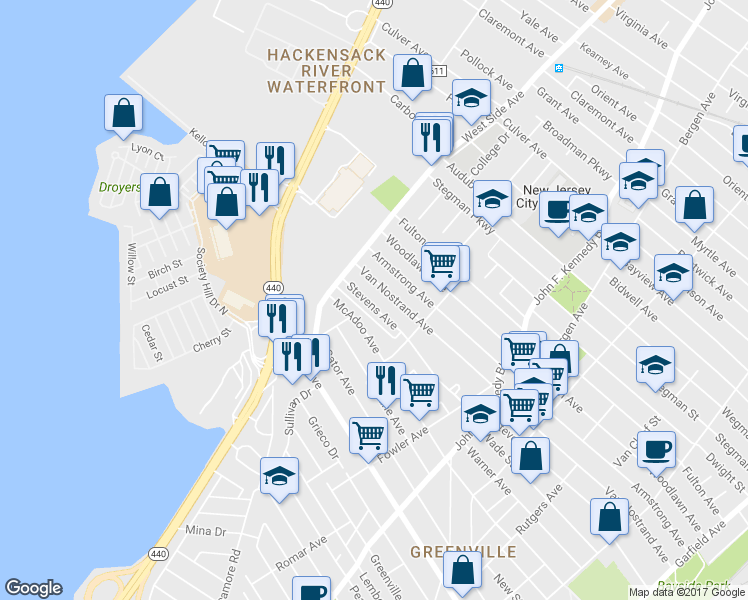 map of restaurants, bars, coffee shops, grocery stores, and more near 304A Stevens Avenue in Jersey City