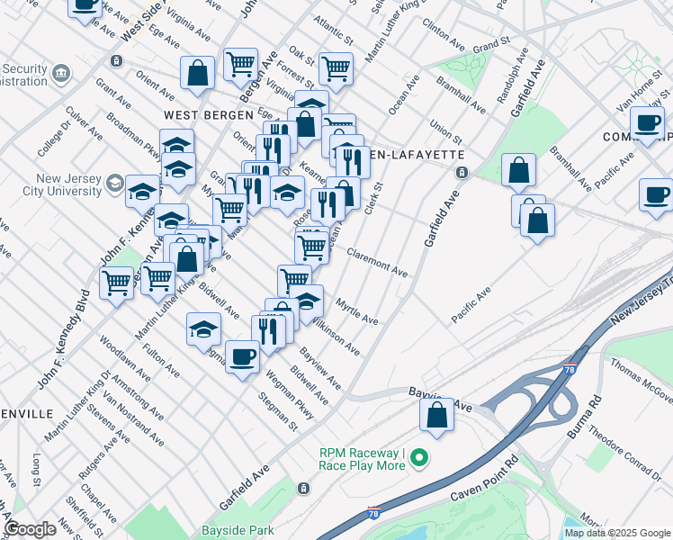 map of restaurants, bars, coffee shops, grocery stores, and more near 604 Ocean Avenue in Jersey City